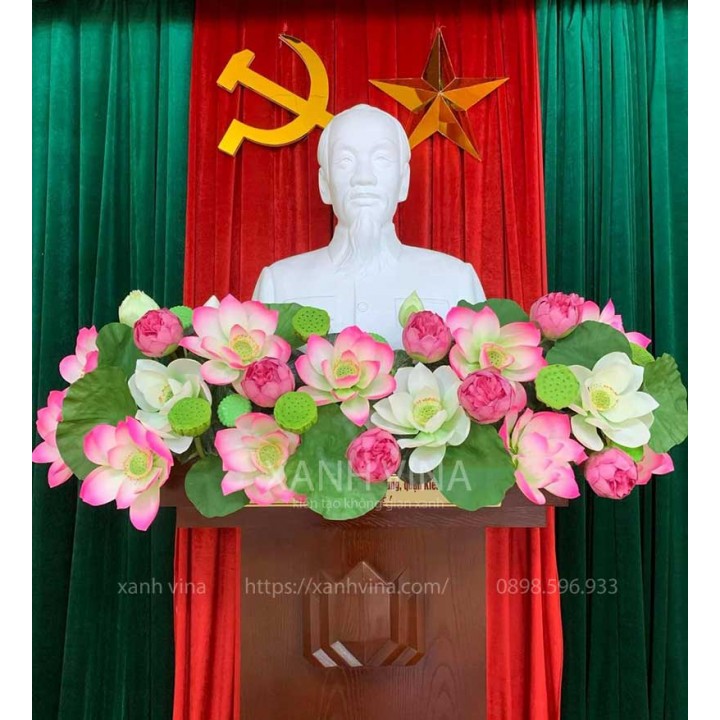 Hoa sen cao su giả trang trí bục tượng bác KT 90x700cm